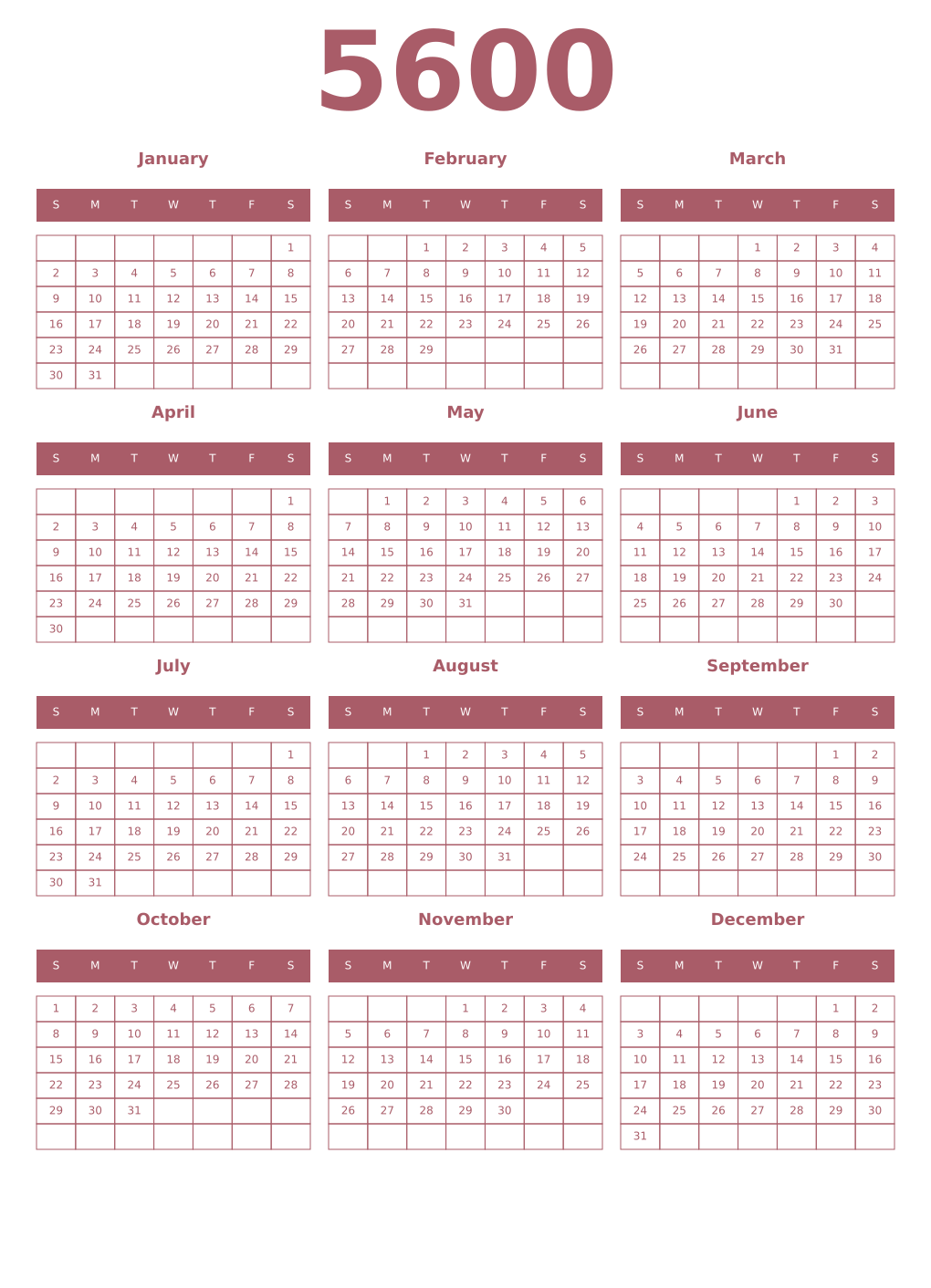 Printable 5600 Year Calendars puce