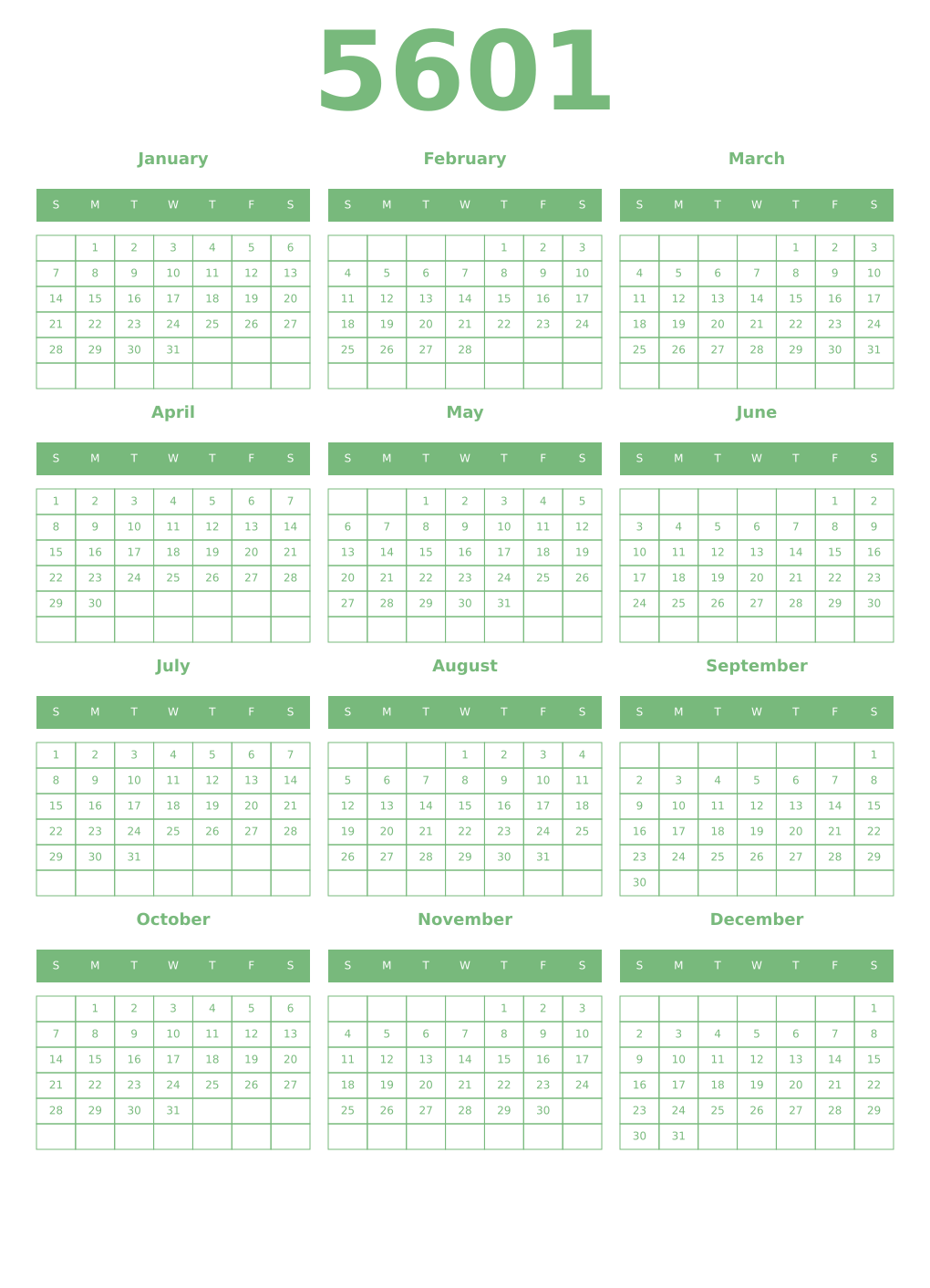 Printable 5601 Year Calendars celadon