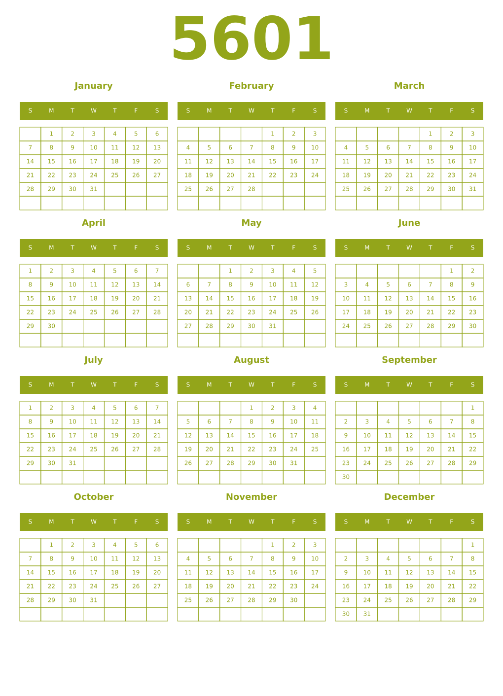 Printable 5601 Year Calendars chartreuse