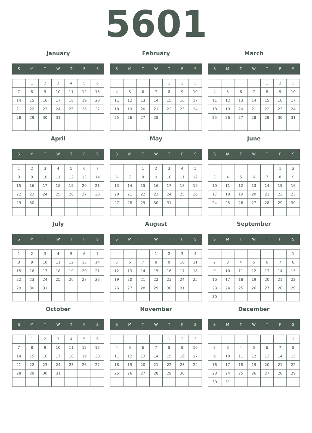 Printable 5601 Year Calendars feldgrau