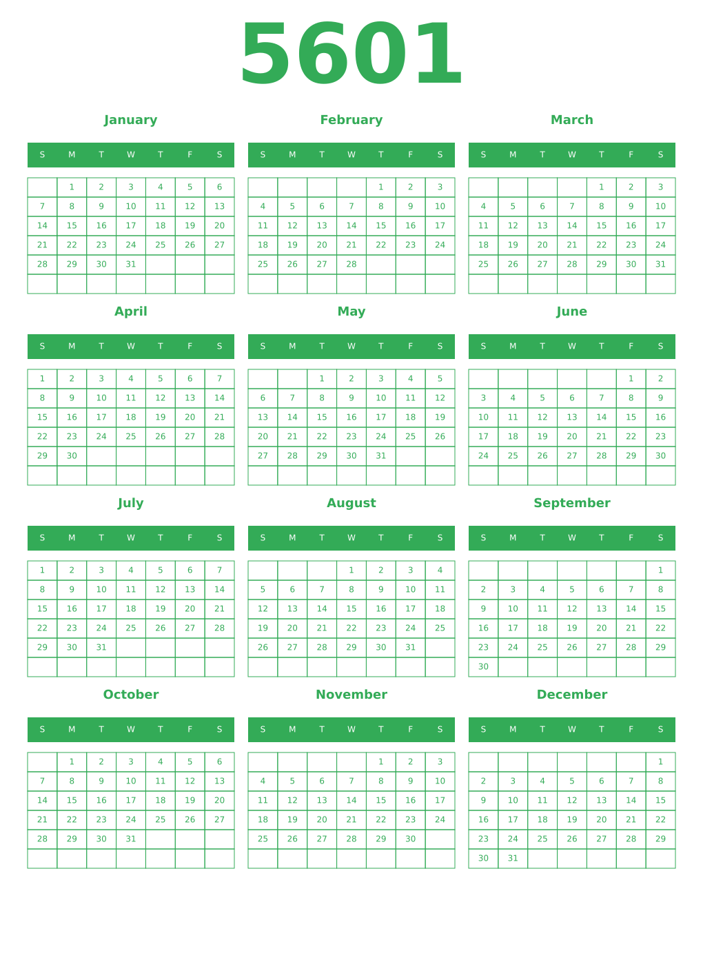 Printable 5601 Year Calendars green