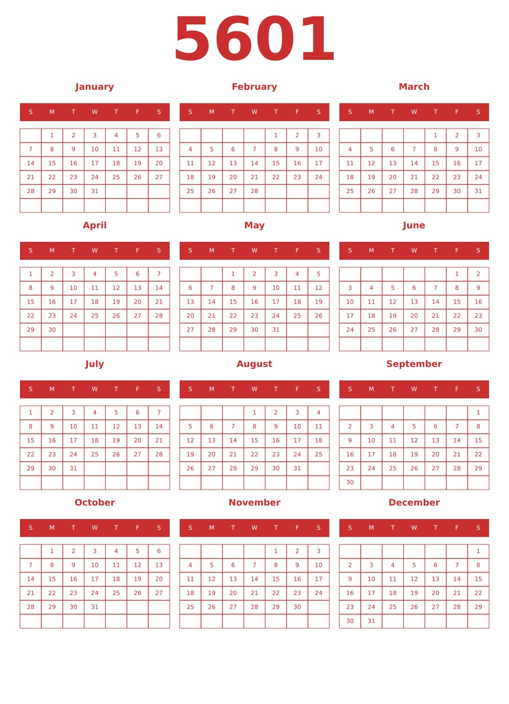 Printable 5601 Year Calendars red
