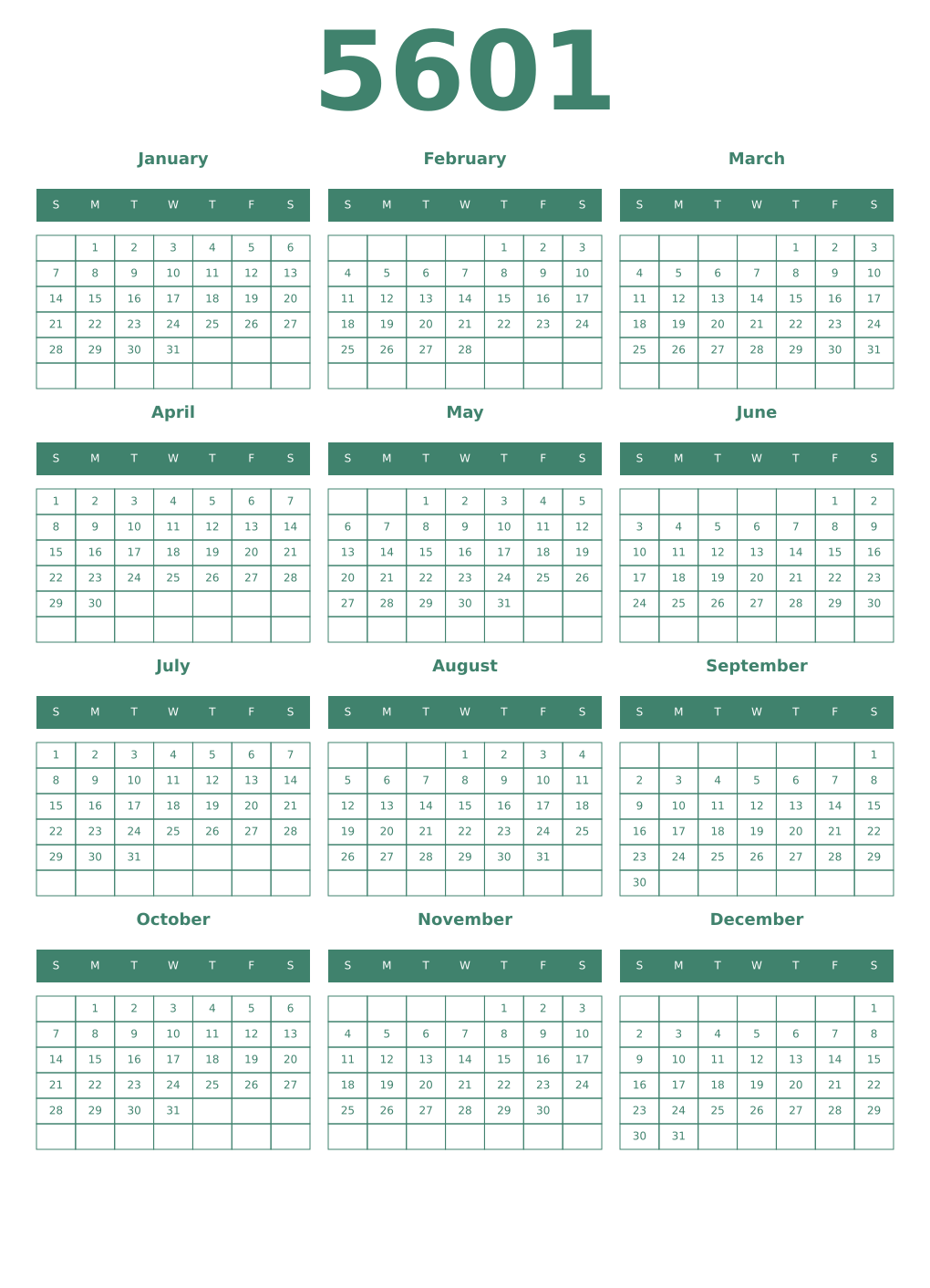 Printable 5601 Year Calendars viridian