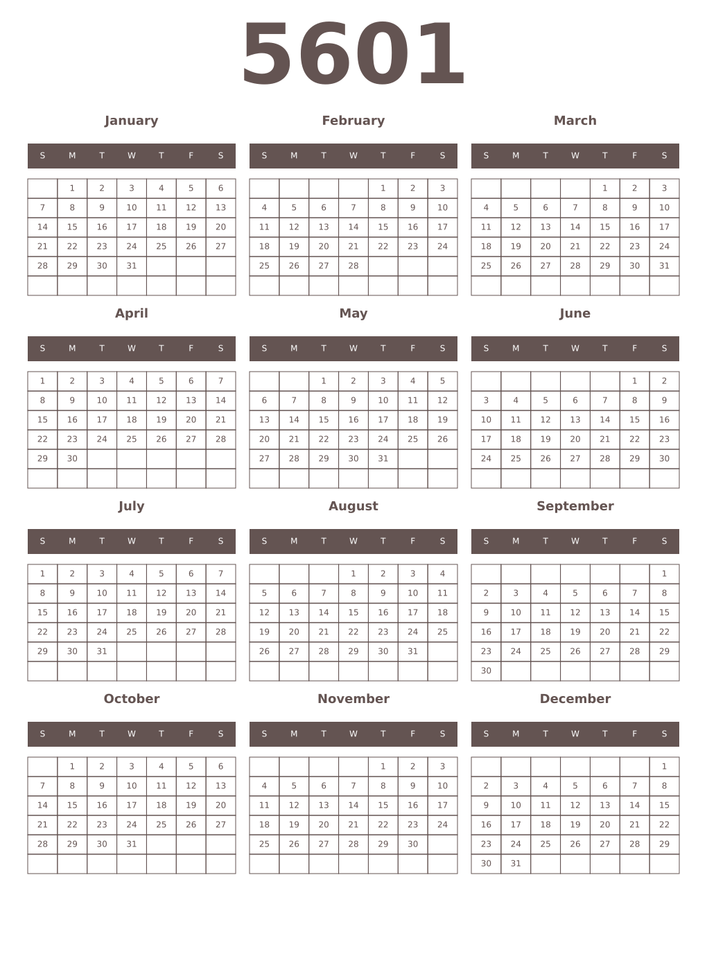 Printable 5601 Year Calendars wenge