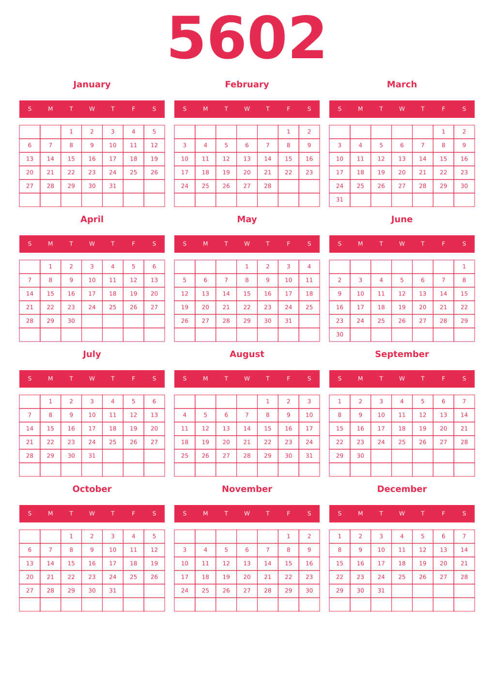 Printable 5602 Year Calendars amaranth