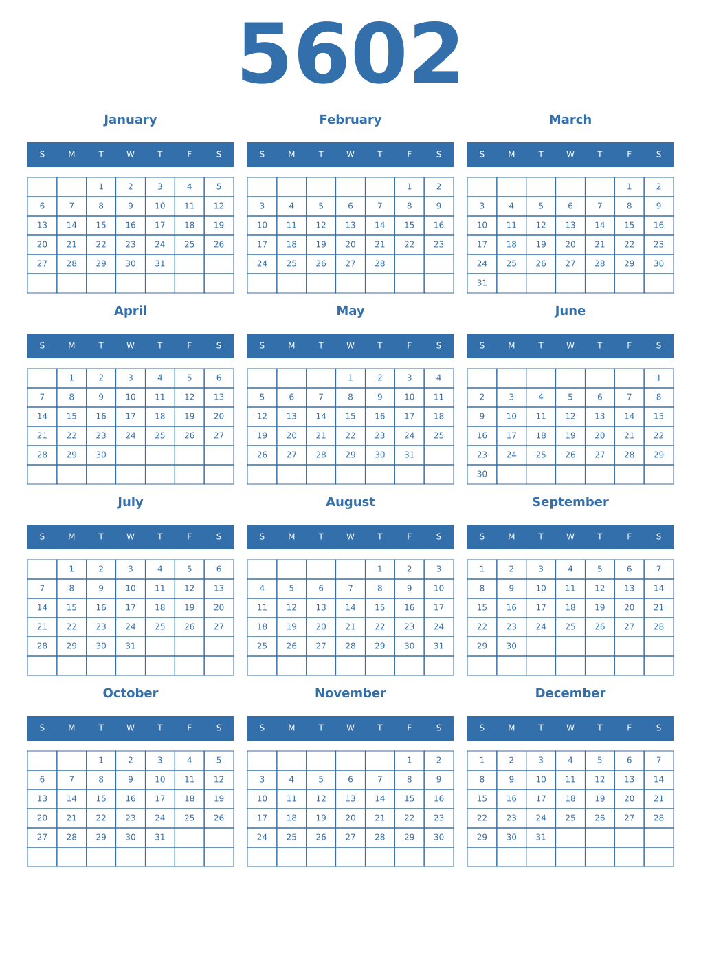 Printable 5602 Year Calendars blue