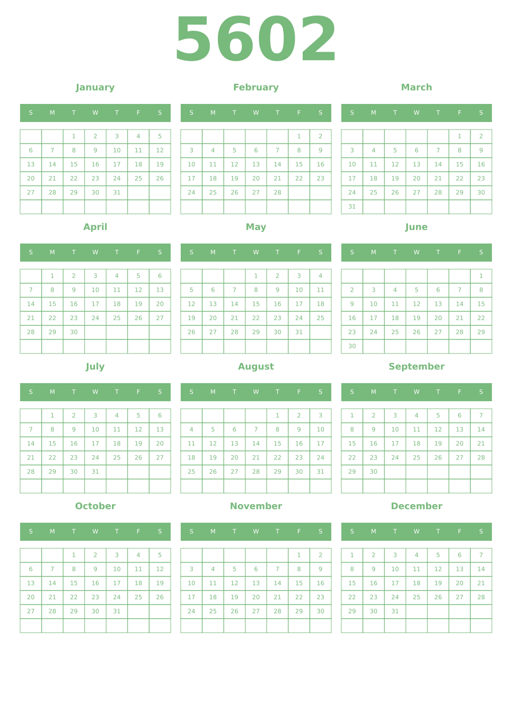 Printable 5602 Year Calendars celadon