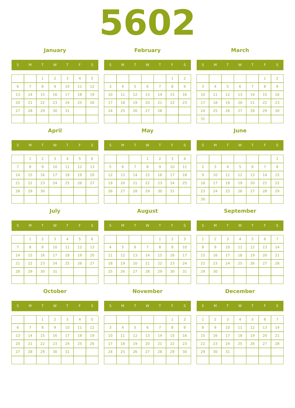 Printable 5602 Year Calendars chartreuse