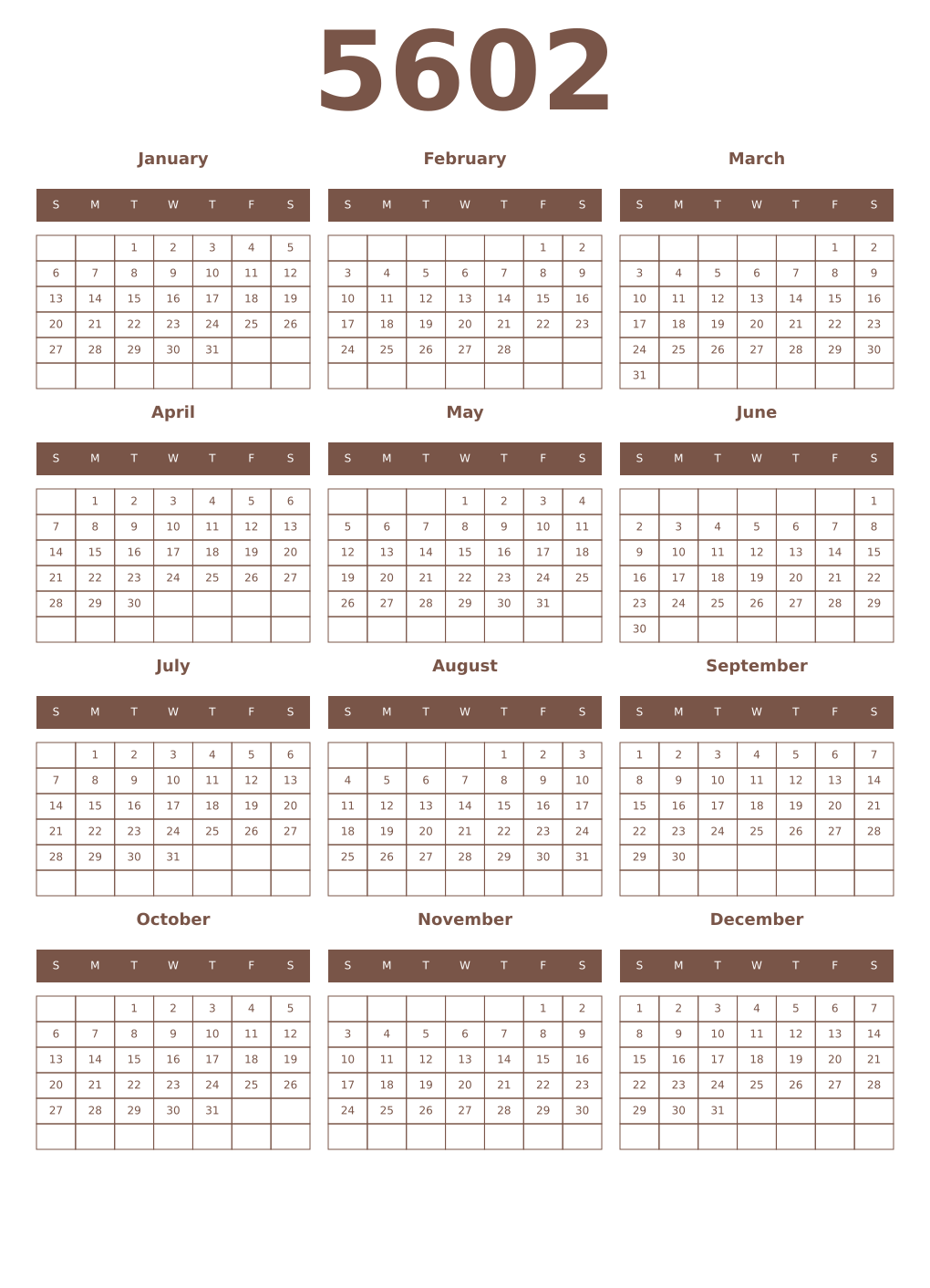 Printable 5602 Year Calendars coffe