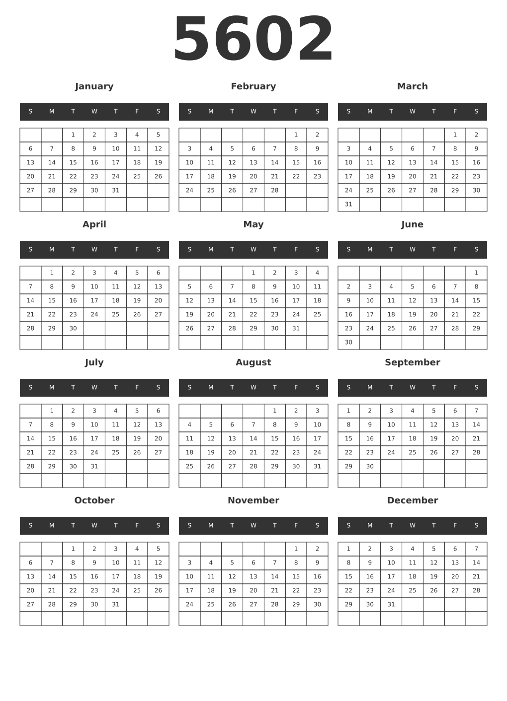 Printable 5602 Year Calendars dark