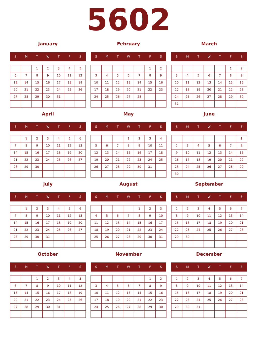 Printable 5602 Year Calendars falu