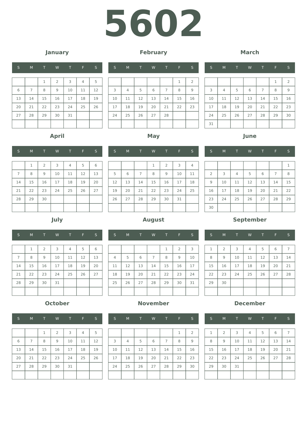 Printable 5602 Year Calendars feldgrau