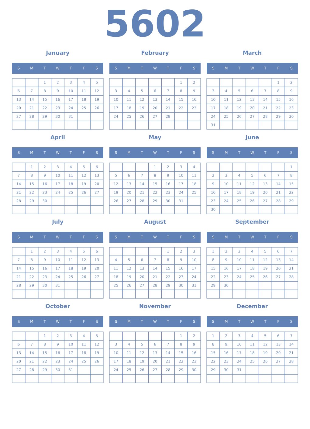 Printable 5602 Year Calendars glaucous