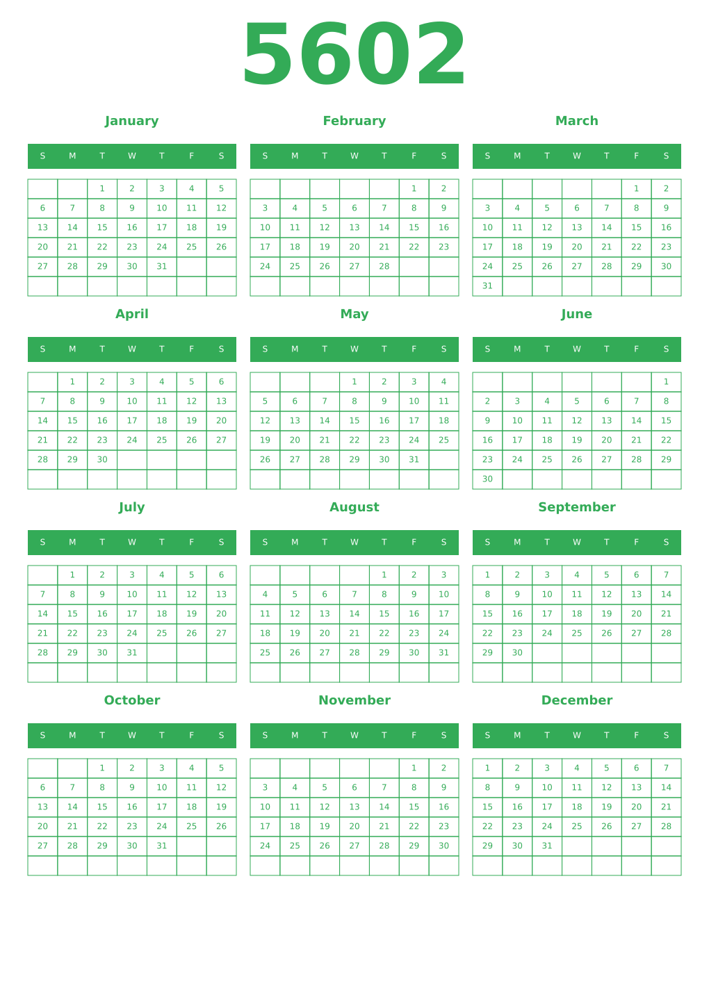 Printable 5602 Year Calendars green