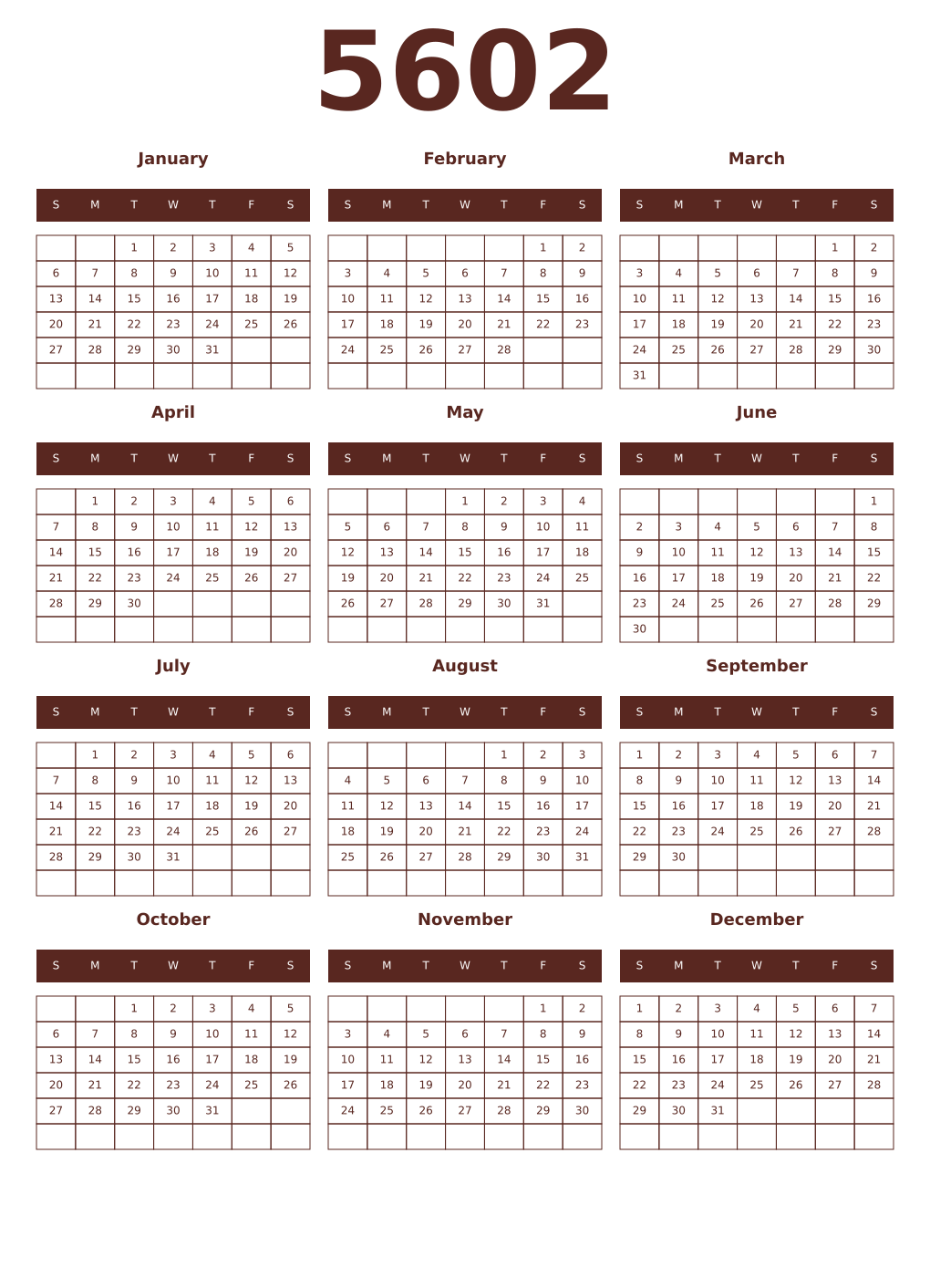 Printable 5602 Year Calendars mortuum