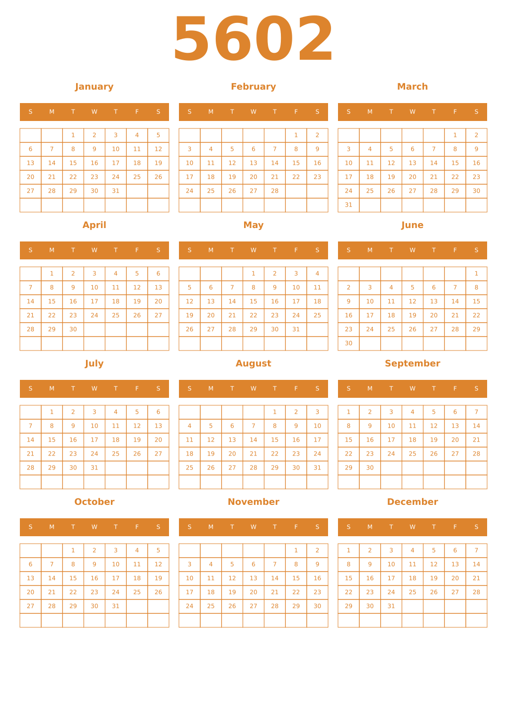 Printable 5602 Year Calendars orange