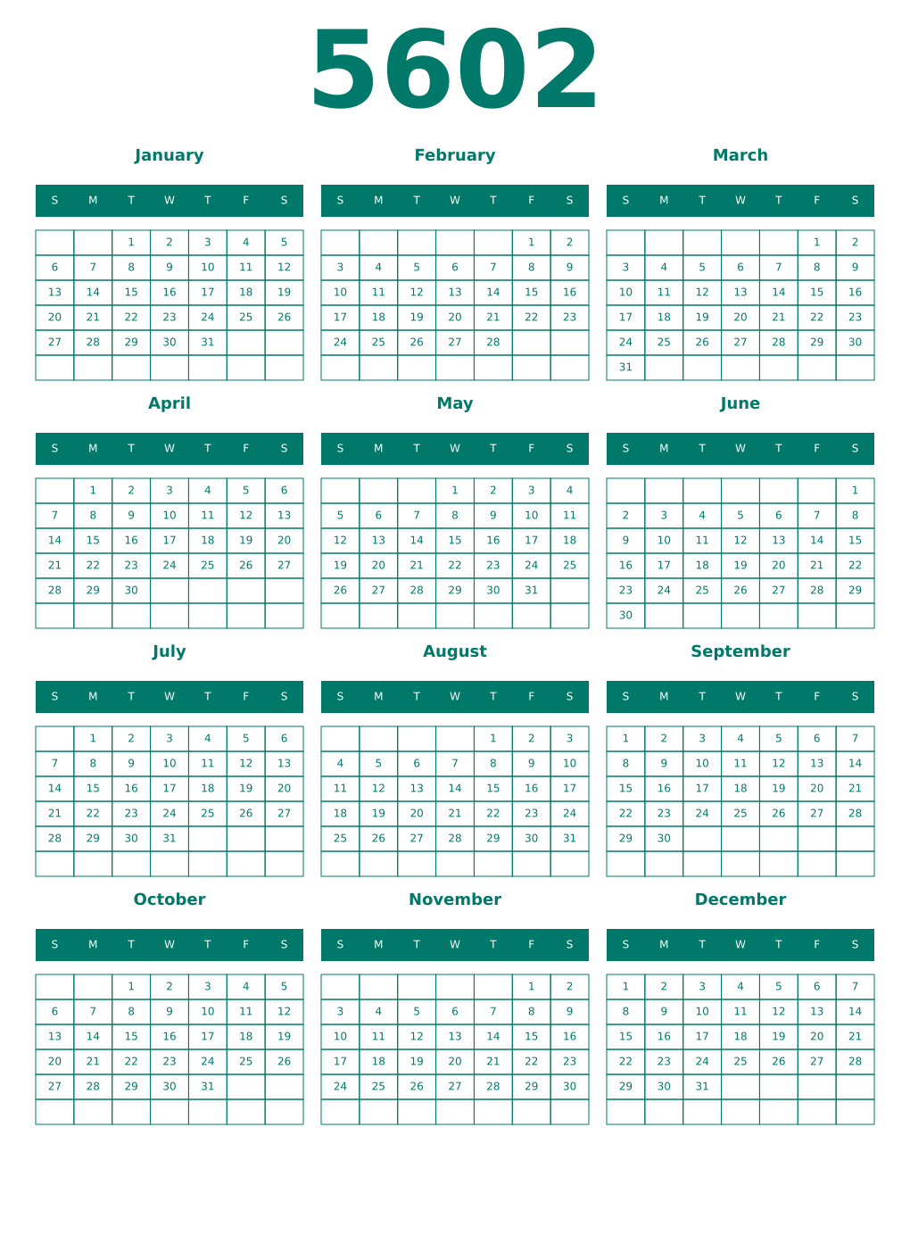 Printable 5602 Year Calendars pastel