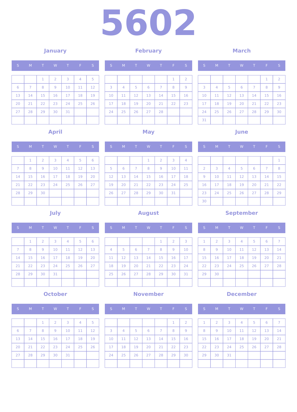 Printable 5602 Year Calendars periwinkle