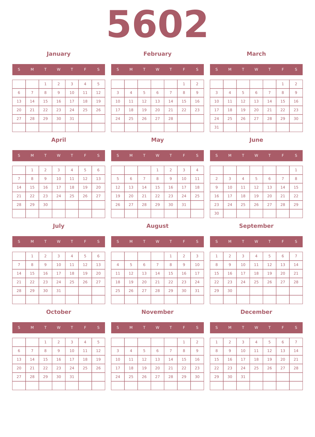 Printable 5602 Year Calendars puce