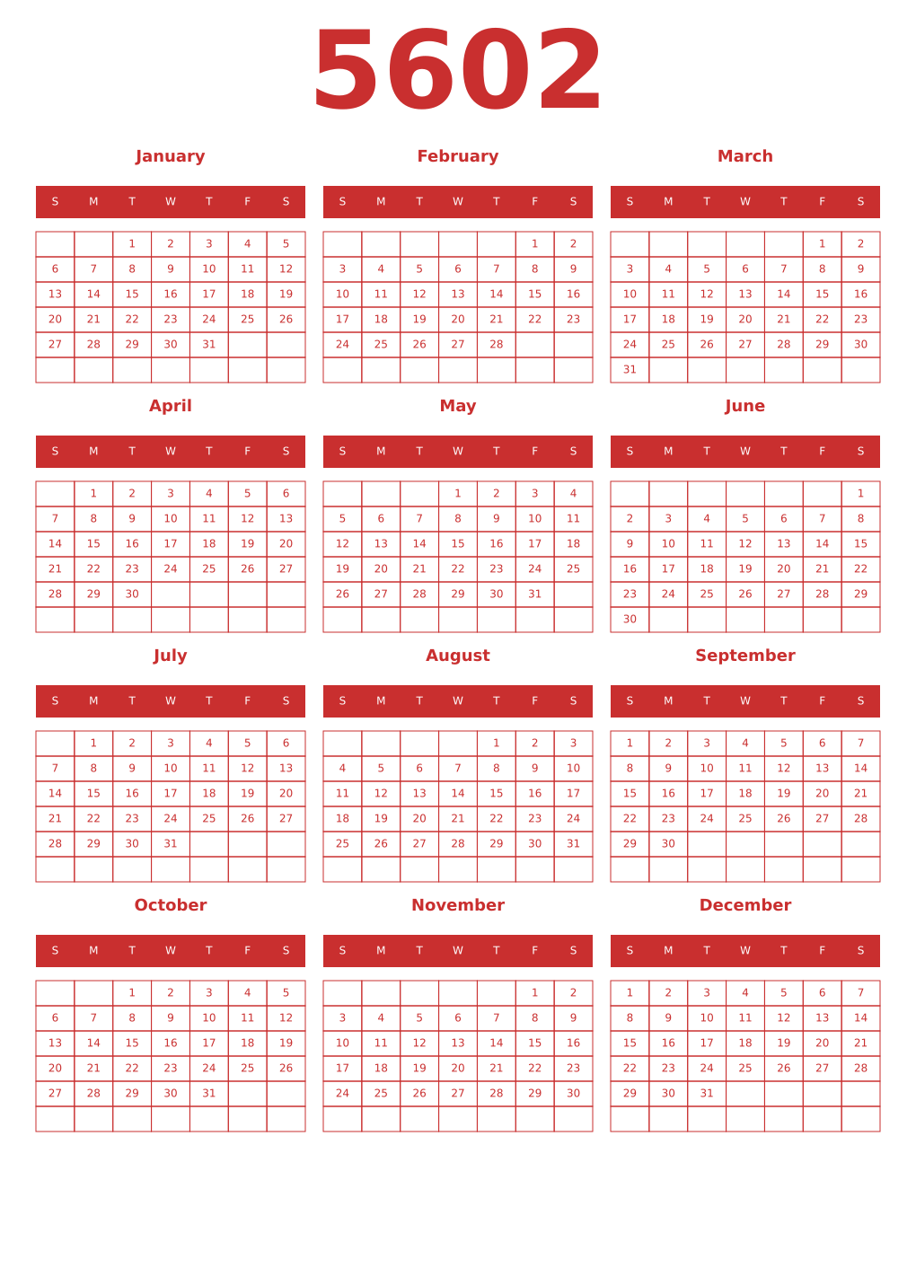Printable 5602 Year Calendars red