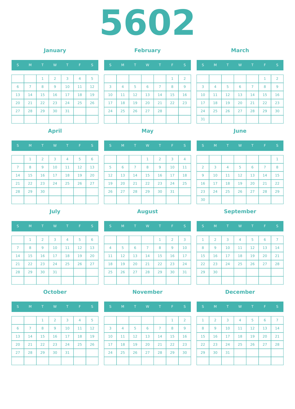 Printable 5602 Year Calendars verdigris