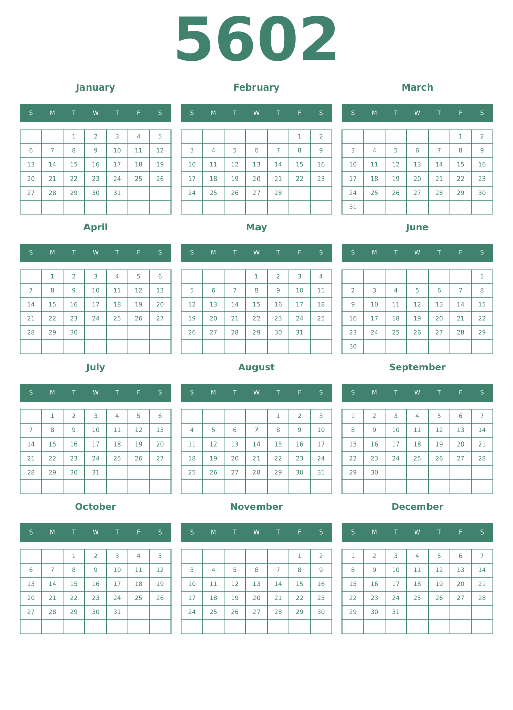 Printable 5602 Year Calendars viridian