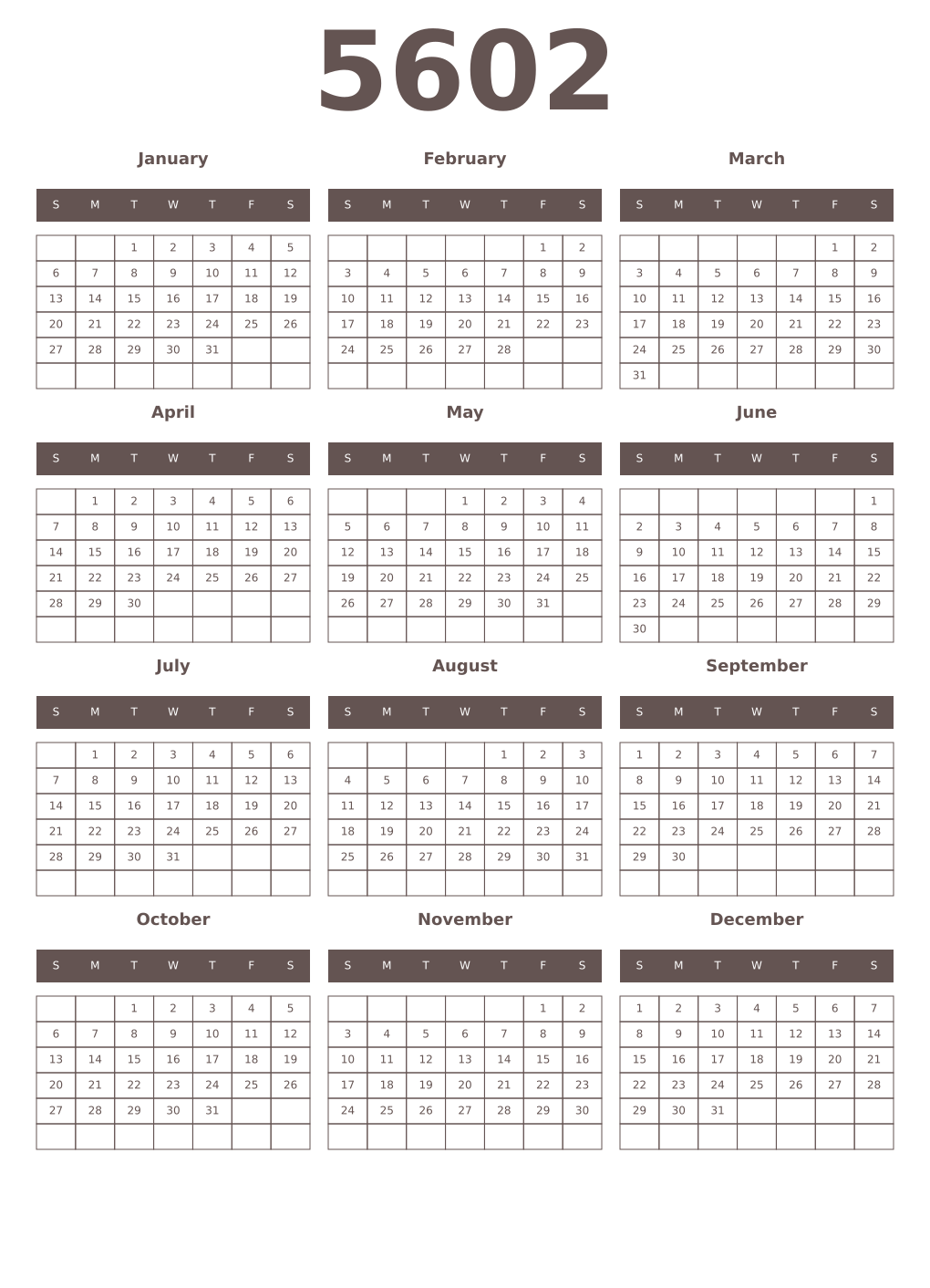 Printable 5602 Year Calendars wenge