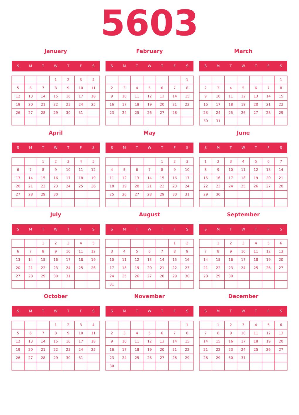 Printable 5603 Year Calendars amaranth
