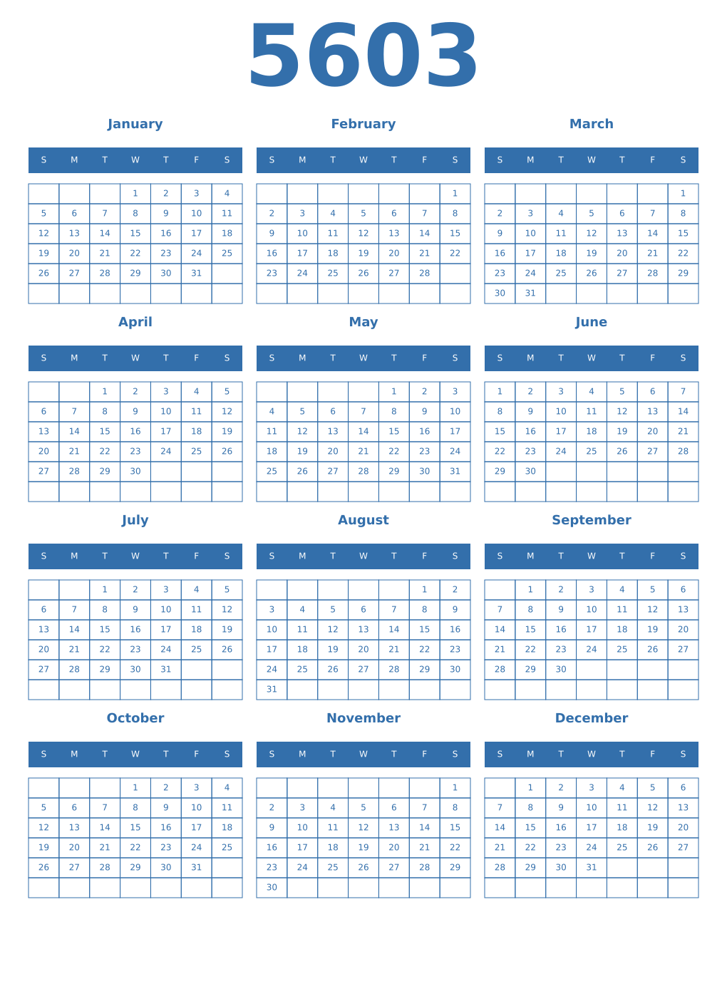 Printable 5603 Year Calendars blue
