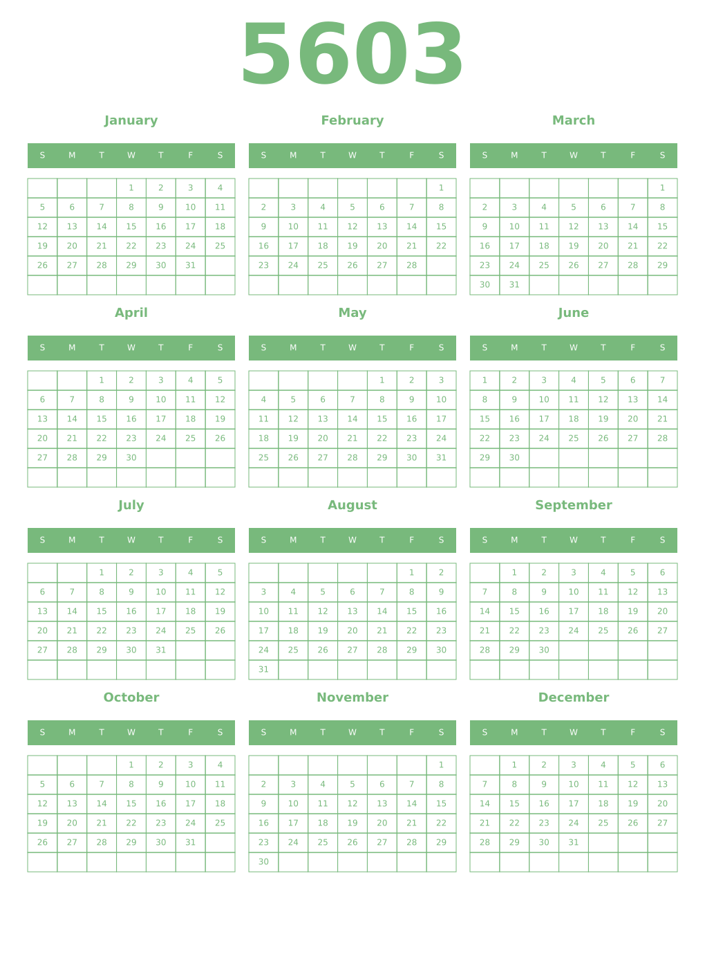 Printable 5603 Year Calendars celadon