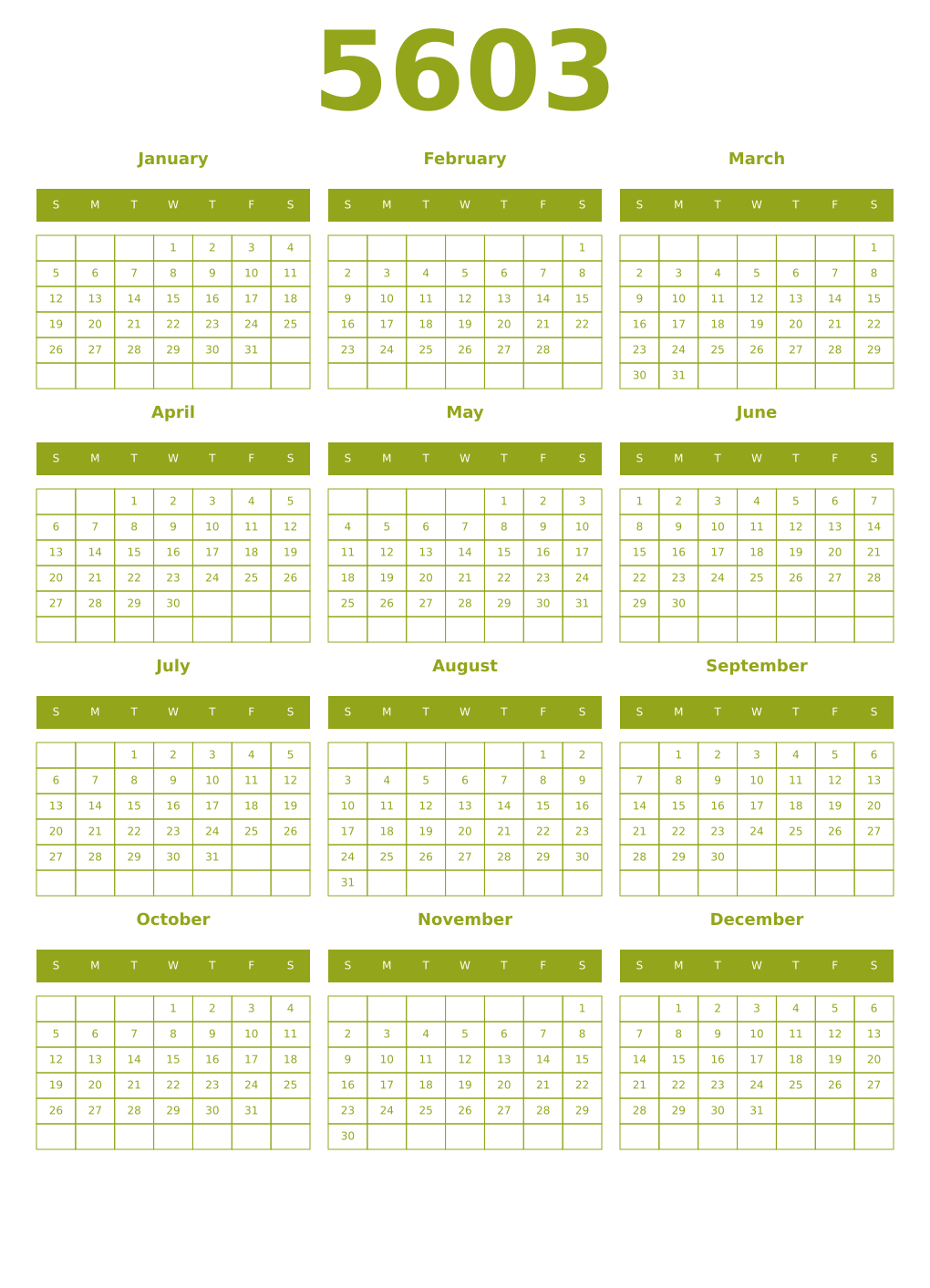 Printable 5603 Year Calendars chartreuse