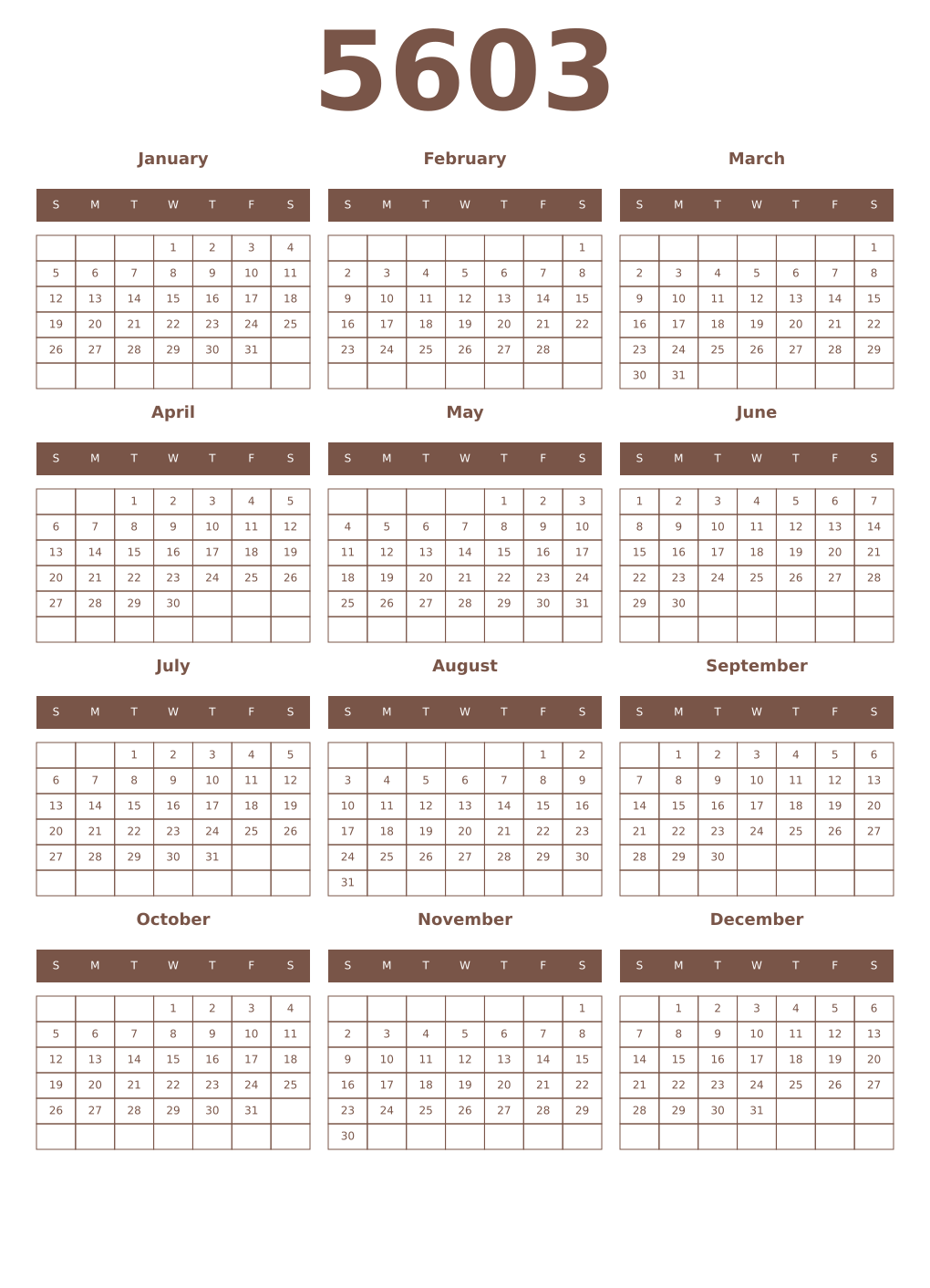 Printable 5603 Year Calendars coffe
