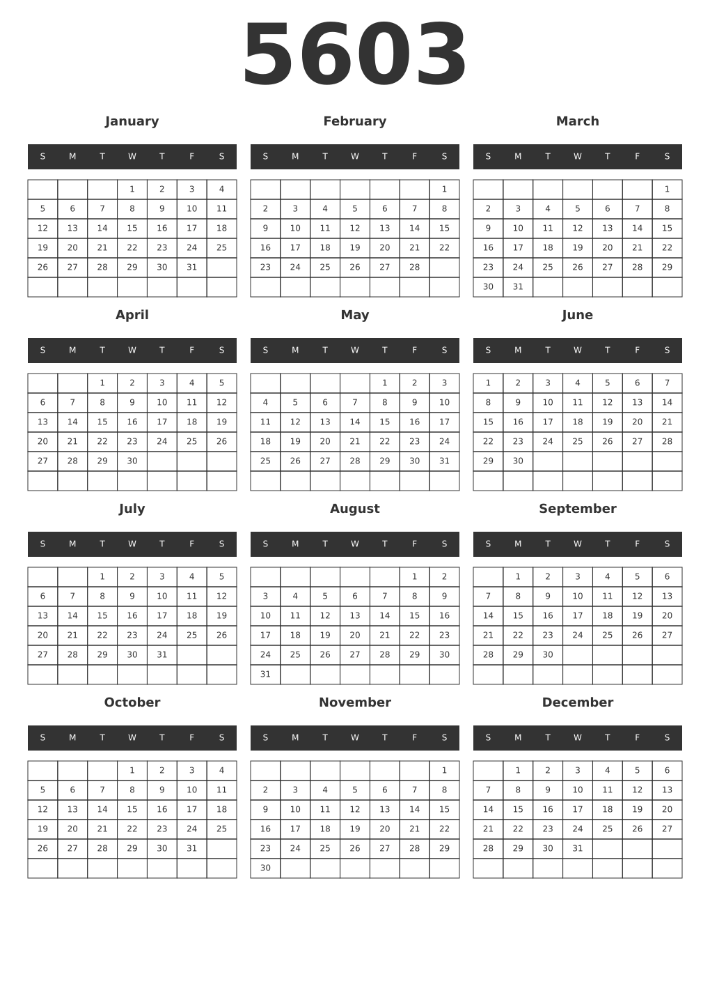 Printable 5603 Year Calendars dark