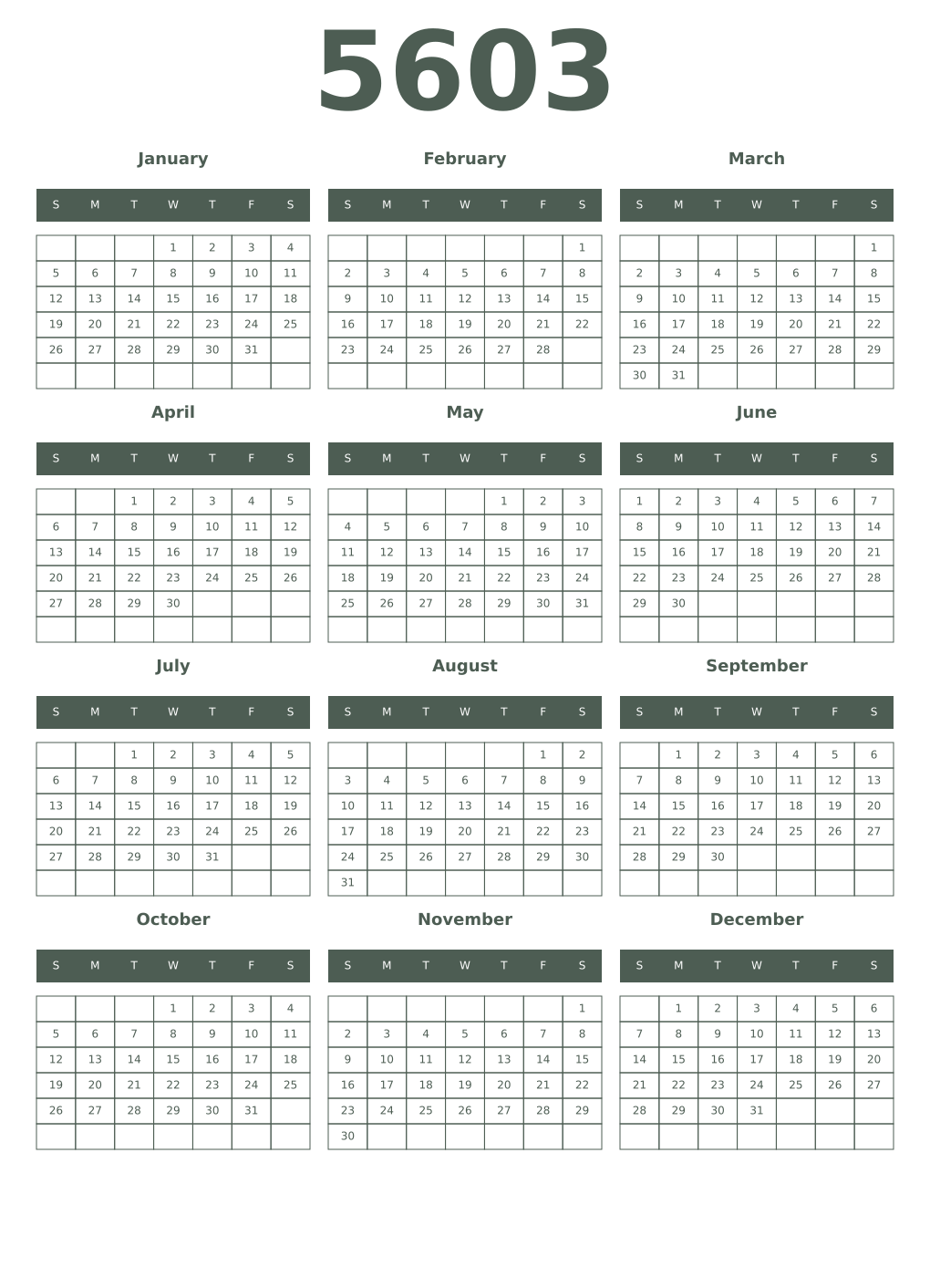 Printable 5603 Year Calendars feldgrau
