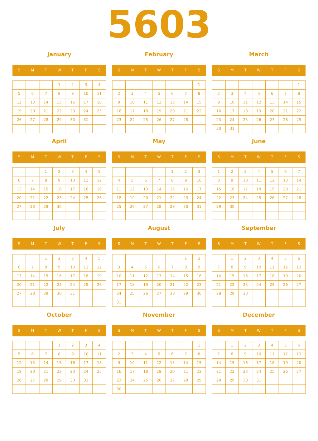 Printable 5603 Year Calendars gamboge