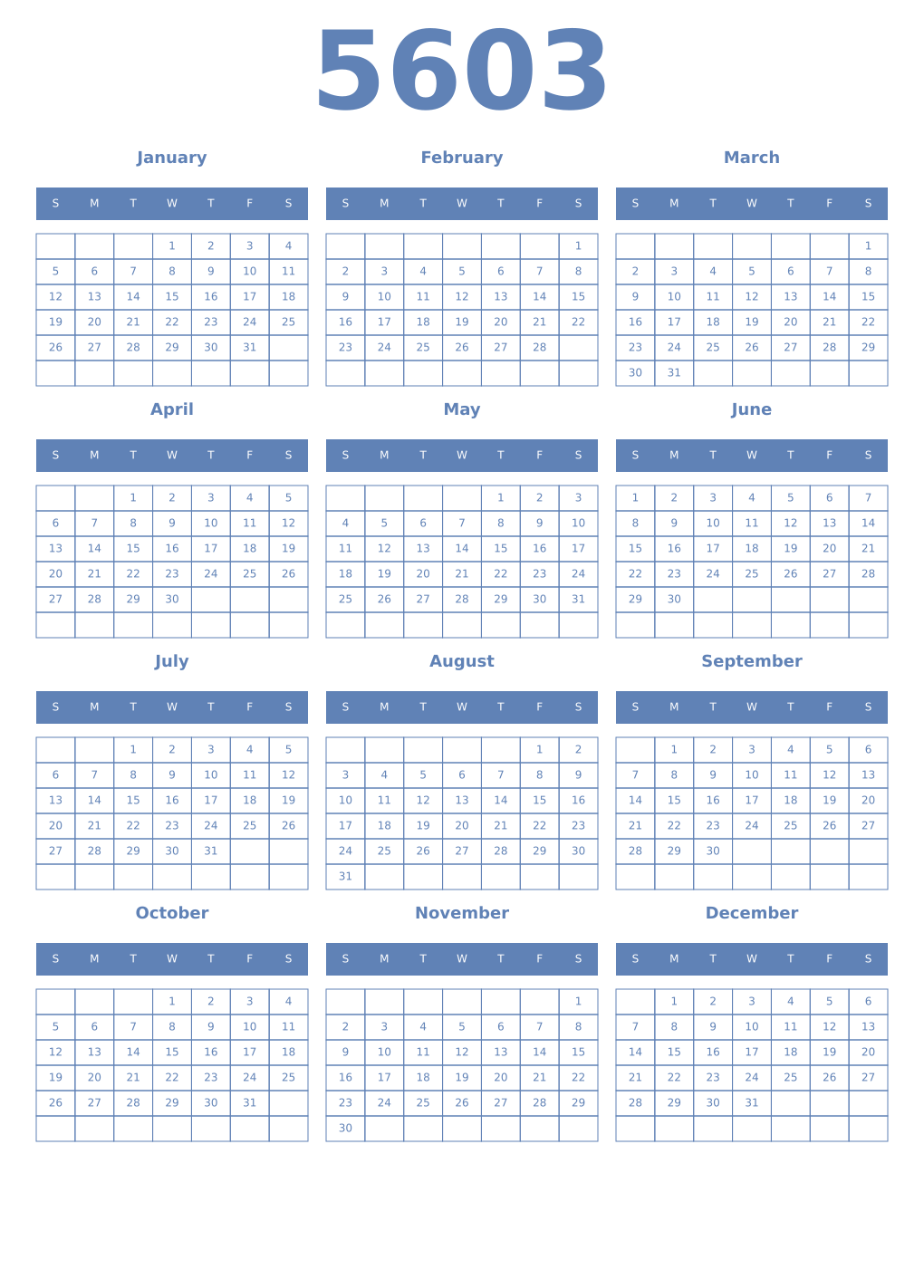 Printable 5603 Year Calendars glaucous