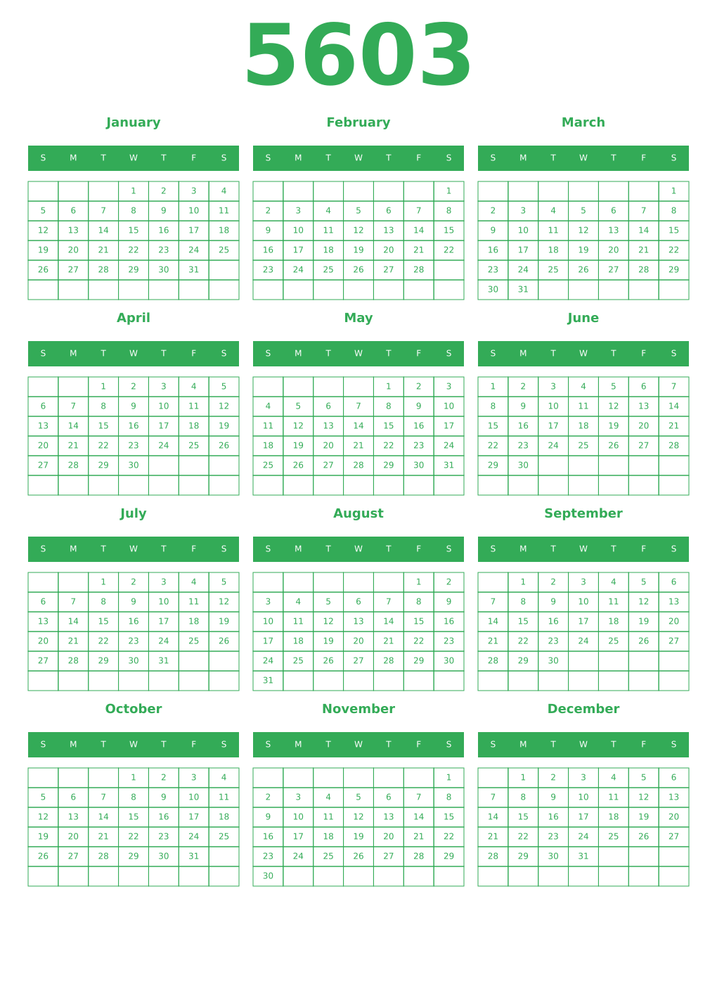 Printable 5603 Year Calendars green