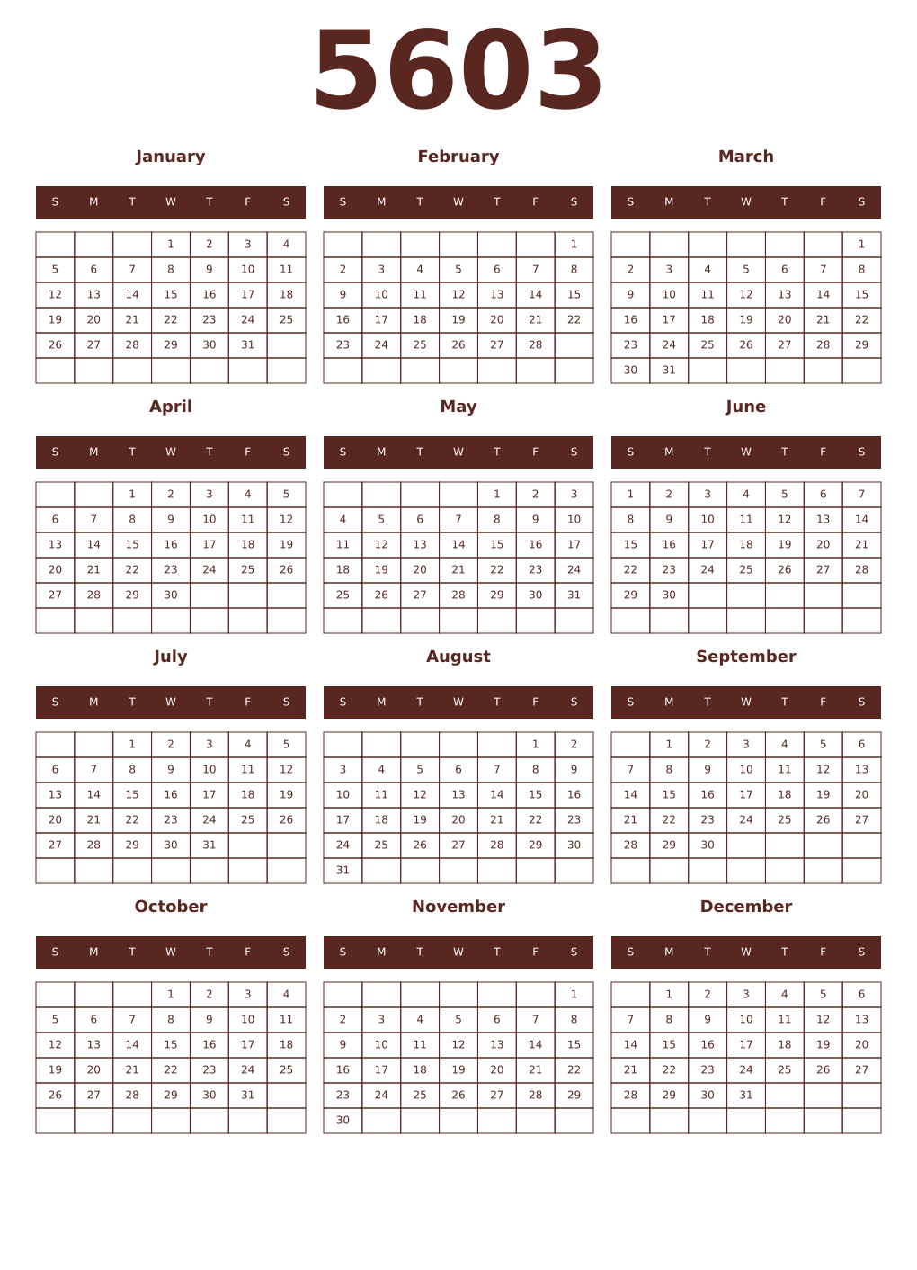 Printable 5603 Year Calendars mortuum