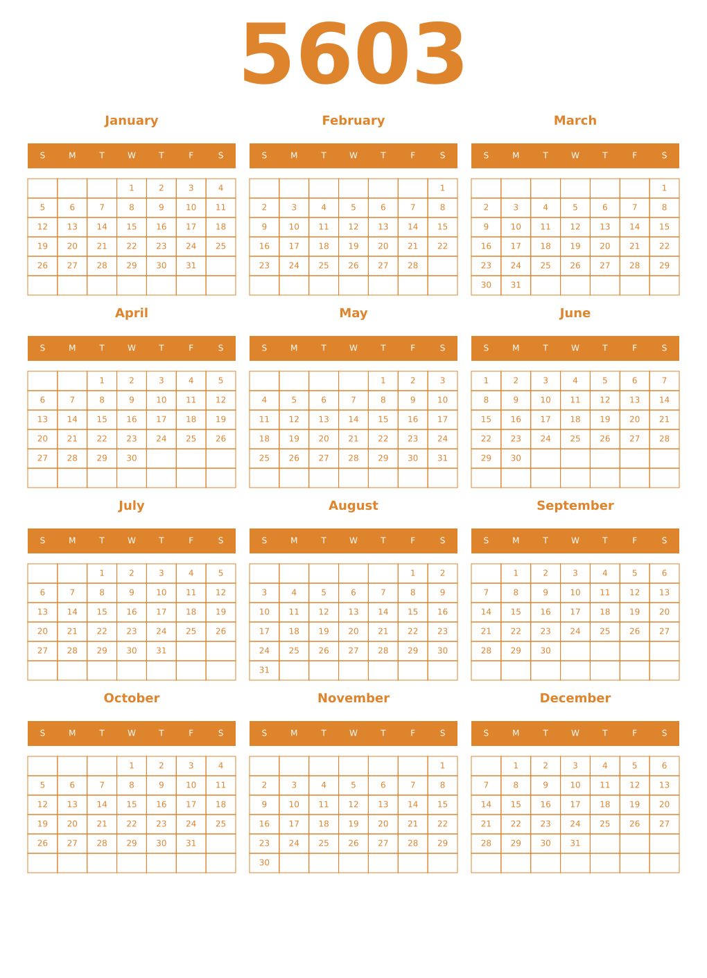 Printable 5603 Year Calendars orange
