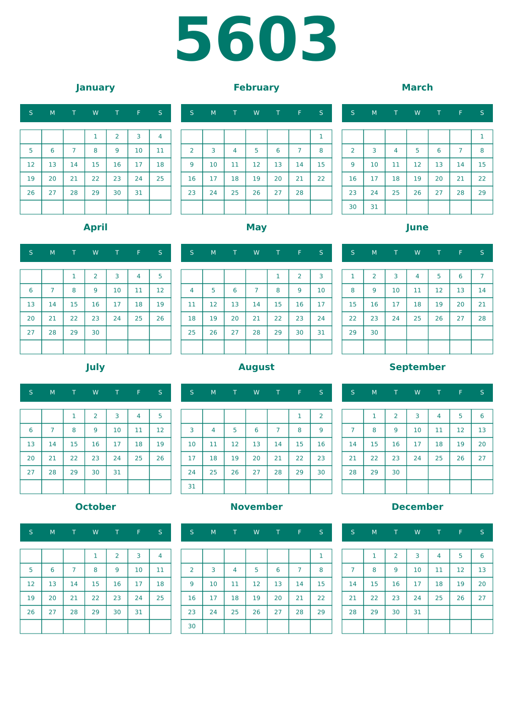 Printable 5603 Year Calendars pastel