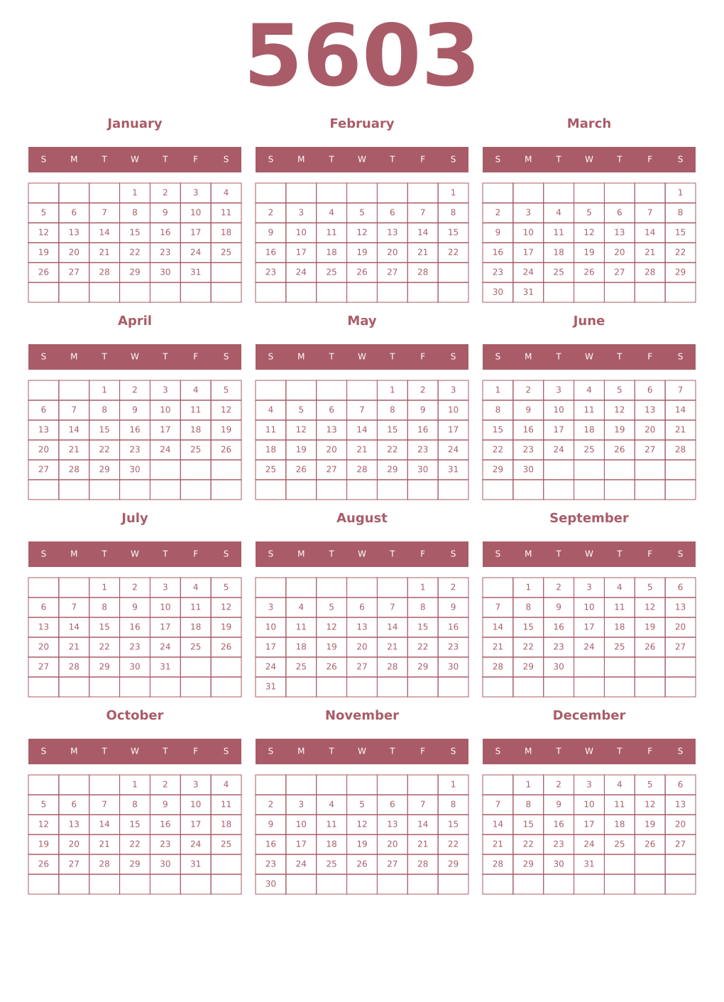 Printable 5603 Year Calendars puce