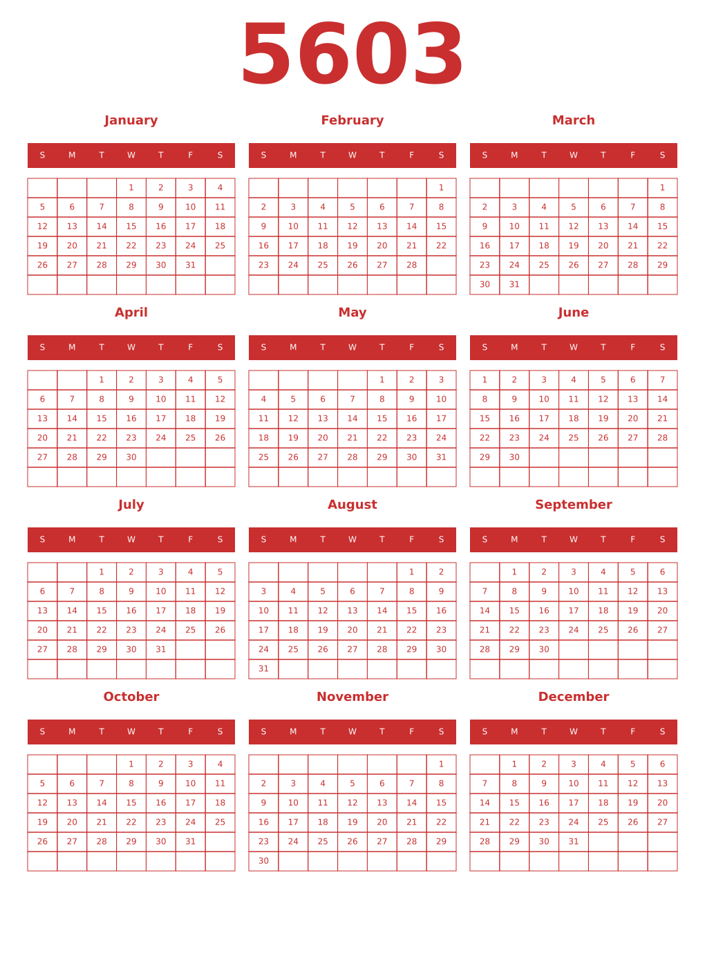 Printable 5603 Year Calendars red