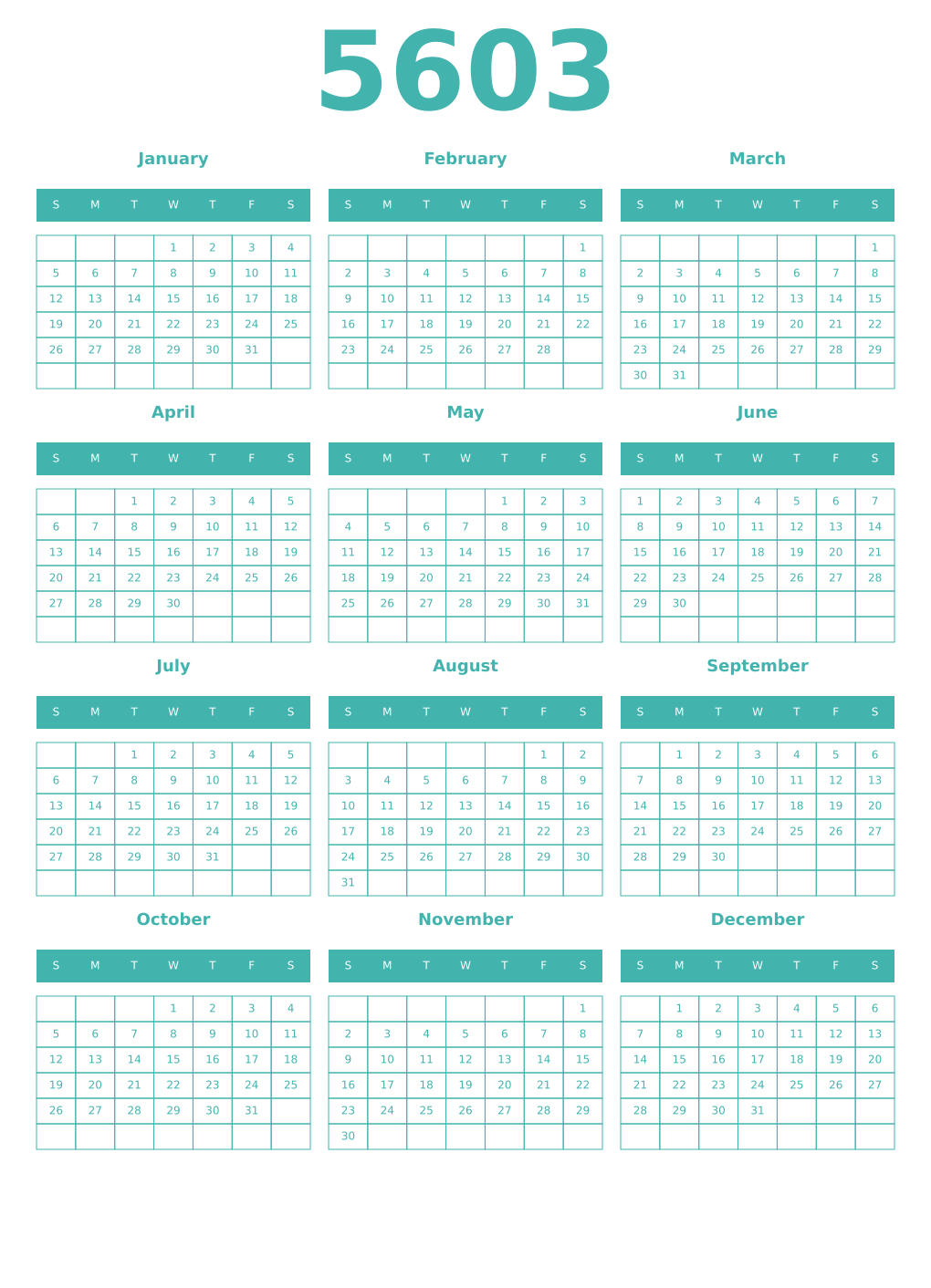 Printable 5603 Year Calendars verdigris