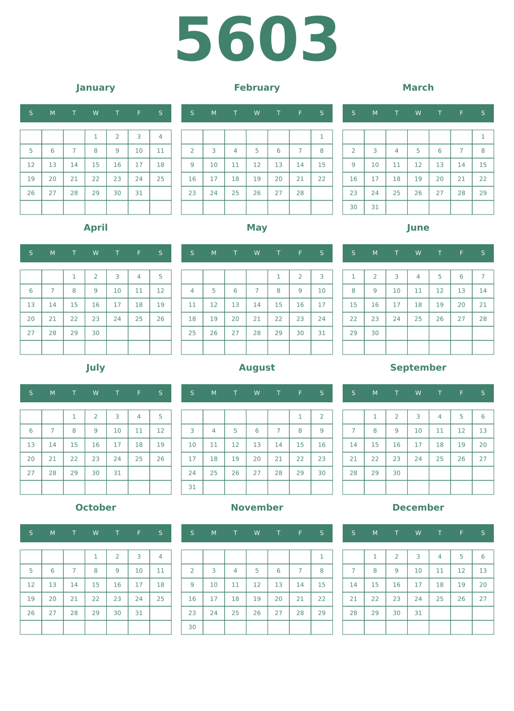 Printable 5603 Year Calendars viridian