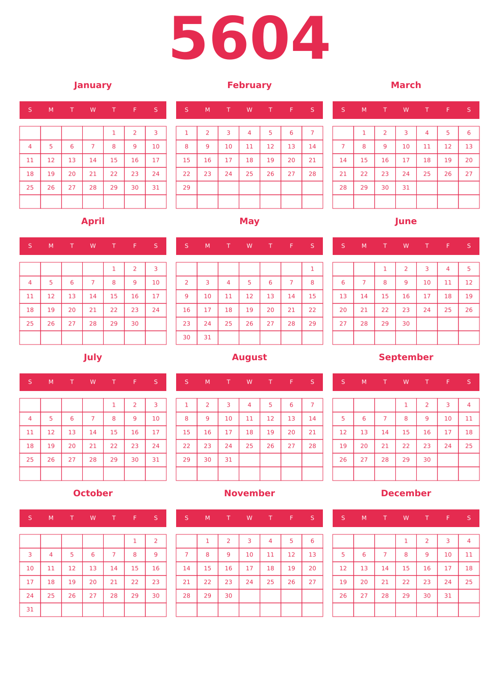 Printable 5604 Year Calendars amaranth