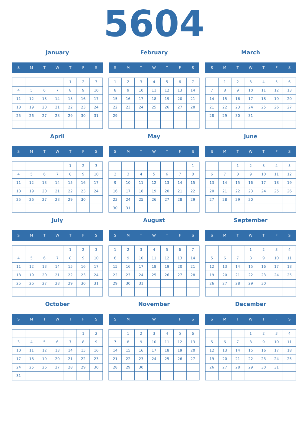 Printable 5604 Year Calendars blue