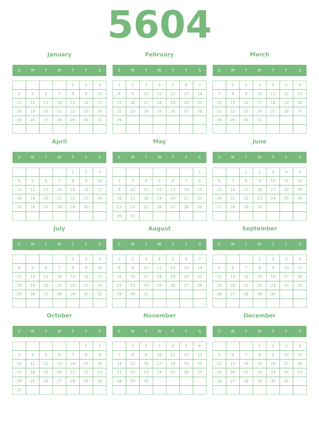 Printable 5604 Year Calendars celadon