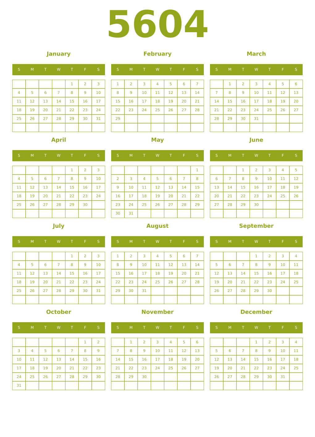 Printable 5604 Year Calendars chartreuse