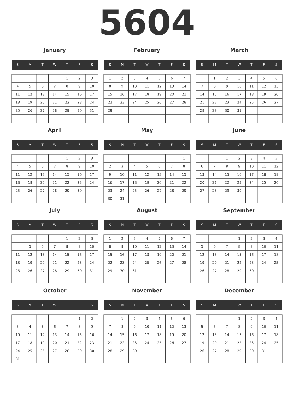 Printable 5604 Year Calendars dark