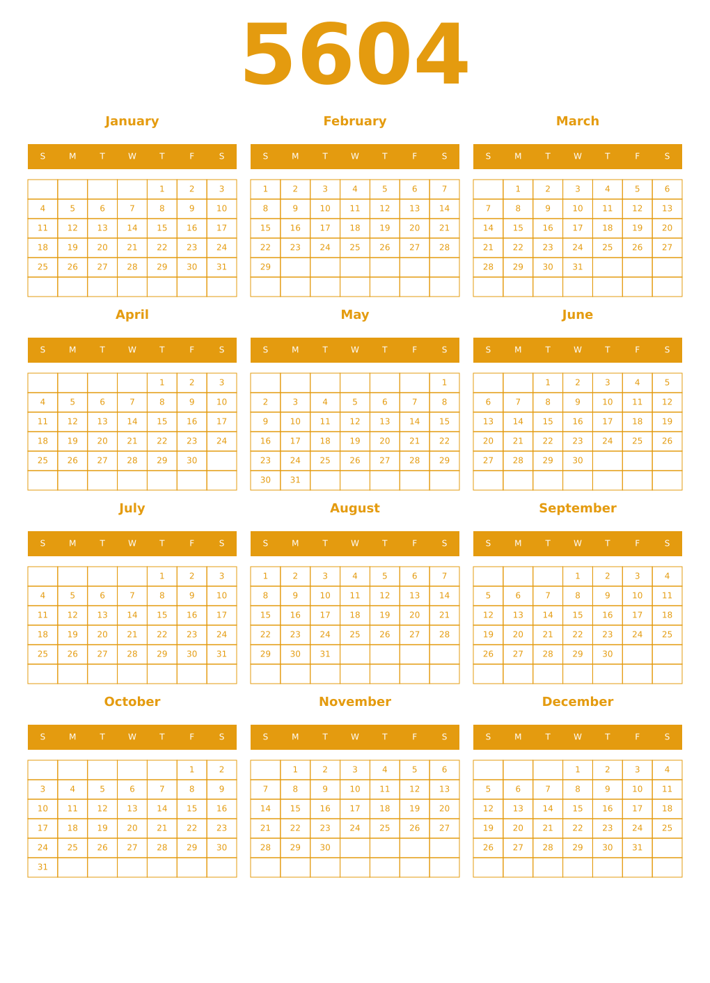 Printable 5604 Year Calendars gamboge